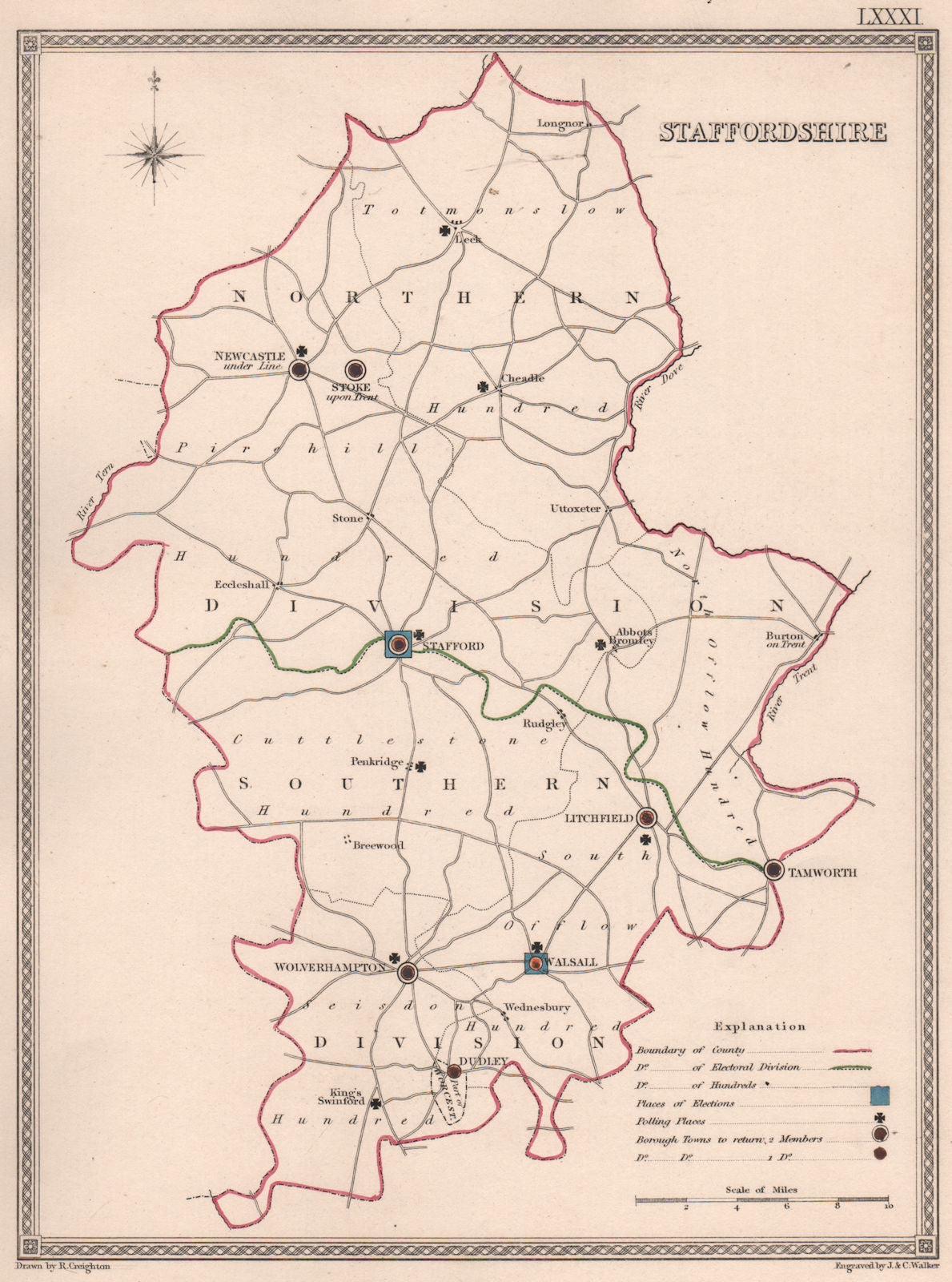 STAFFORDSHIRE antique county map by CREIGHTON/WALKER. Electoral 1835 old